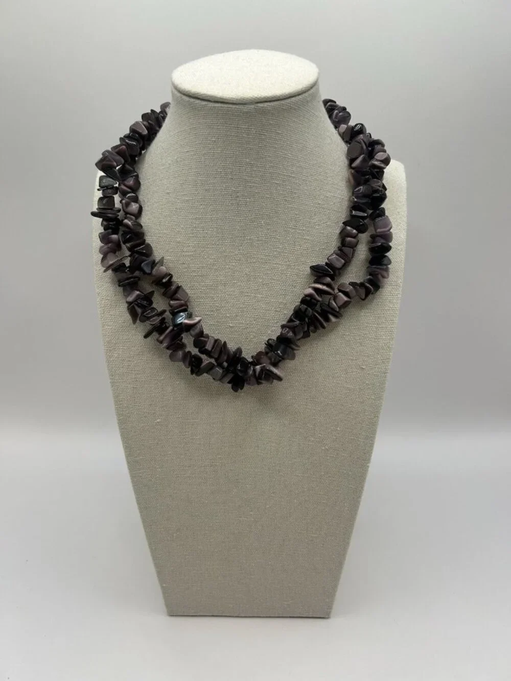 Purple Cat’s Eye Glass Chip Necklace Long 32” Boho Statement Vintage Jewelry